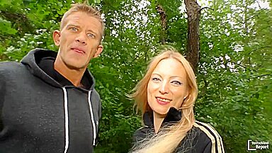 Tattooed German blonde in her 40s sucks a cock outdoors, gets fingered